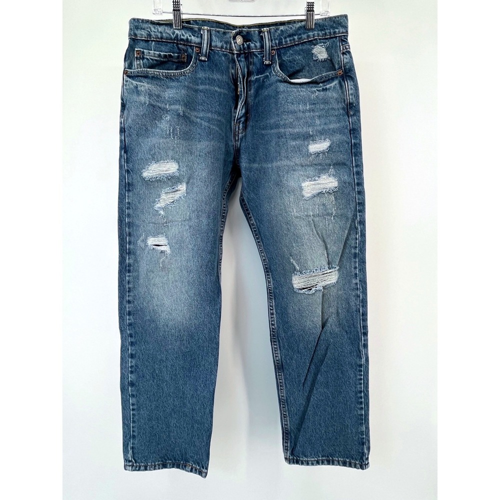 Levi's 502 Taper Jeans Mens 34x29 Blue Distressed Ripped Denim Pants